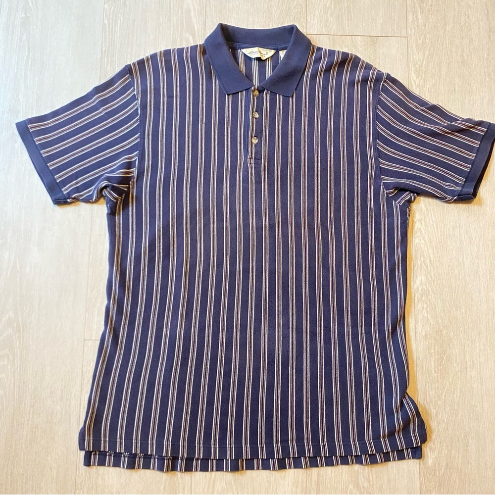 Vintage Eddie Bauer Polo Striped Navy Shirt 100% Cotton Natural Fibers